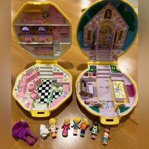 Bluebird Polly Pocket Wedding & Hair Salon Shells 6 people  & Wagon Vintage